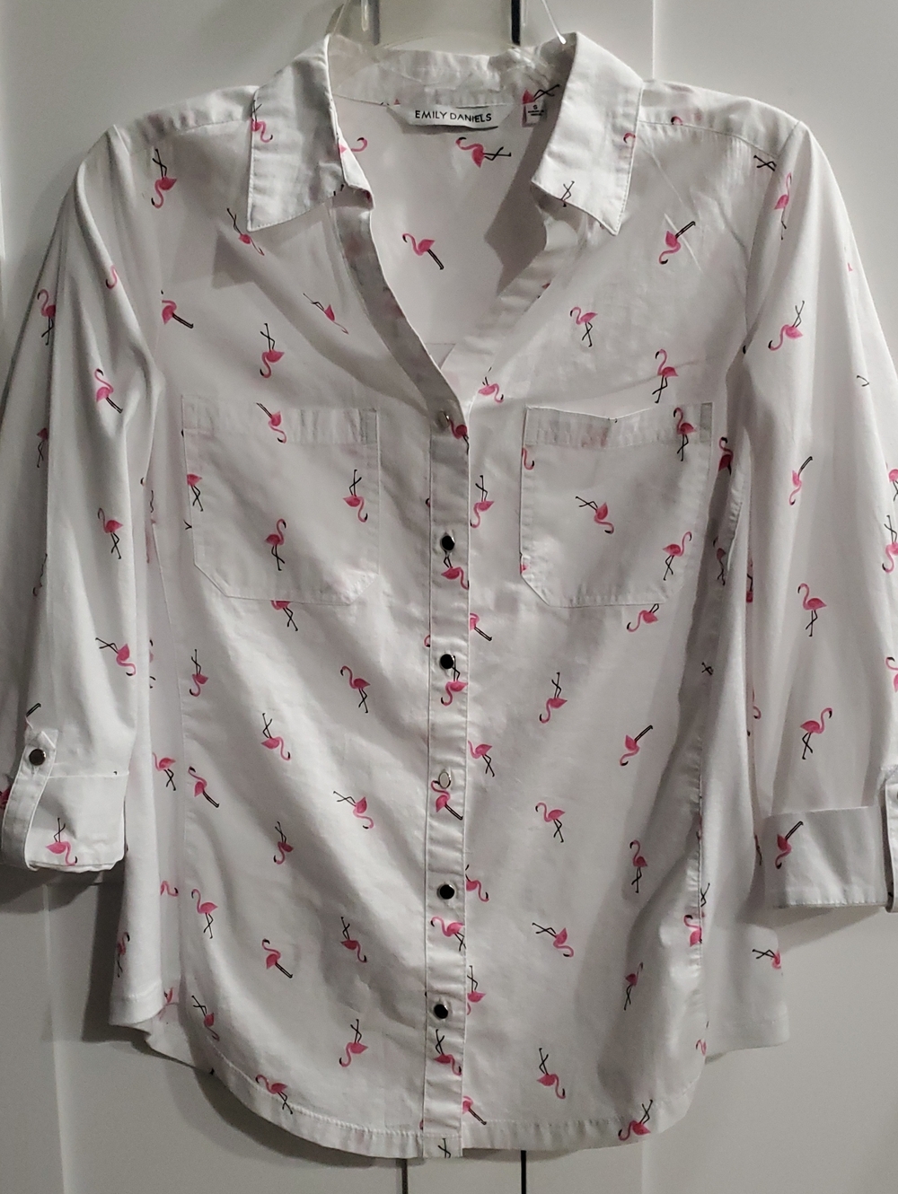Emily Daniels White Button-Down Shirt with Pink Flamingo Print